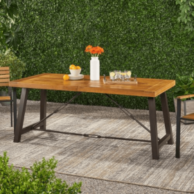 Outdoor Lovewood Metal Base Dining Table, Teak Wood (Color: brown)
